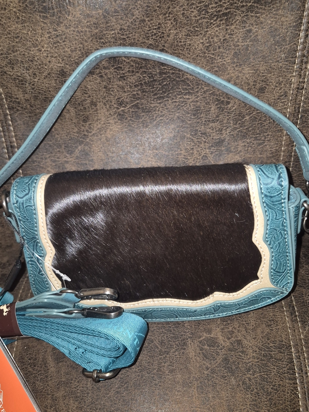 Montana West Teal and Dark Brown Hair-On Hide Crossbody Bag